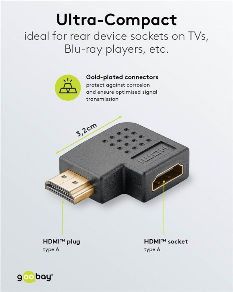 Goobay HDMI™ vinklet adapter 270°, gullbelagt, 8K @ 60 Hz HDMI™-kontakt (type A) > HDMI™-plugg (type A) 270°