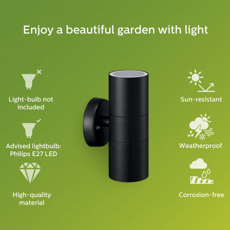 Philips Kylis veggarmatur Opp-/Nedlys (2xGU10-sokkel) IP44 Rustfritt stål Svart Philips Kylis veggarmatur Opp-/Nedlys (2xGU10-sokkel) IP44 Rustfritt stål Svart