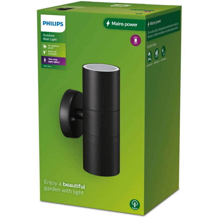 Philips Kylis veggarmatur Opp-/Nedlys (2xGU10-sokkel) IP44 Rustfritt stål Svart Philips Kylis veggarmatur Opp-/Nedlys (2xGU10-sokkel) IP44 Rustfritt stål Svart