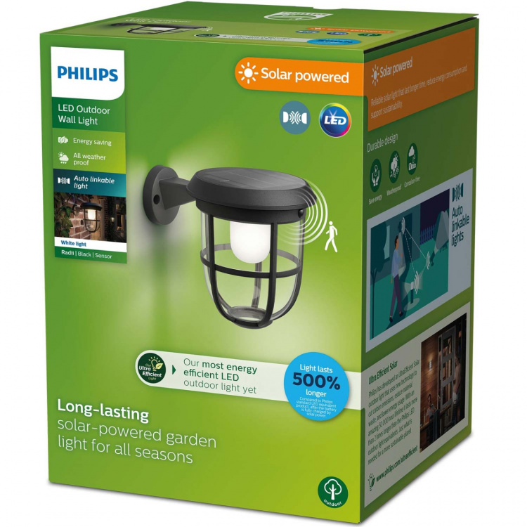 Philips Radii solcellevegglampe med ultraeffektiv LED 250lm svart Philips Radii solcellevegglampe med ultraeffektiv LED 250lm svart