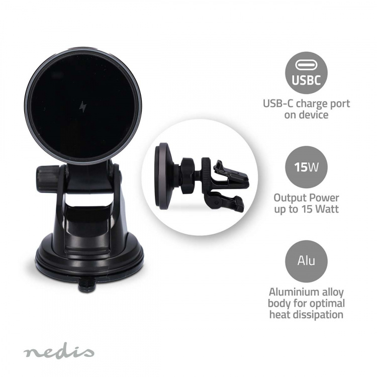 Nedis Wireless Car Charger | 7.5 / 10 / 15 W | 1.5 / 1.67 / 2 A | 1.00 m | FOD / Over aktuell / Overopphetningsbeskyttelse / Overspenning | USB Type-C™ | Inkludert kabel