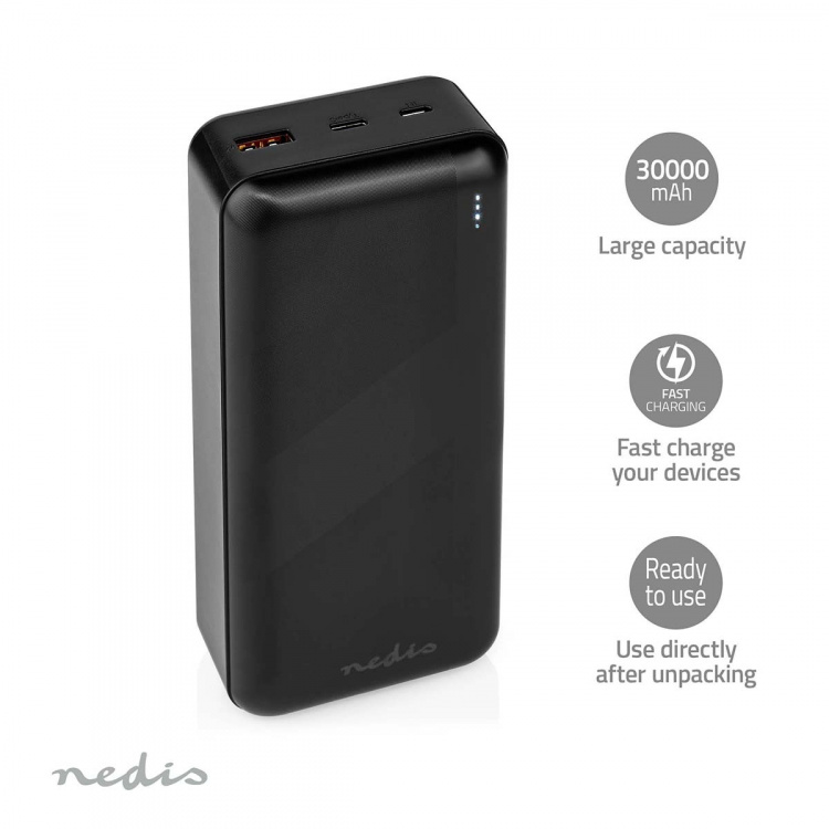 Nedis Power Bank | 32000 mAh | 2.4 / 3.0 / 3.25 A | Antall utganger: 2 | Utgangstilkobling: 1x USB-A / 1x USB-C™ | Inngangstilkobling: 1x Micro USB / 1x USB-C™ | PD3.0 45W / PD3.0 65W | Lithium-Polymer Nedis Power Bank | 32000 mAh | 2.4 / 3.0 / 3.25 A | Antall utganger: 2 | Utgangstilkobling: 1x USB-A / 1x USB-C™ | Inngangstilkobling: 1x Micro USB / 1x USB-C™ | PD3.0 45W / PD3.0 65W | Lithium-Polymer
