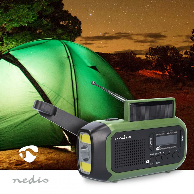 Nedis Nødradio | Bærbar design | DAB+ / FM | Batteri drevet / Hånd sveiv / Solar Powered / USB-Strøm | Vekkeklokke funksjon | Grøn / Sort
