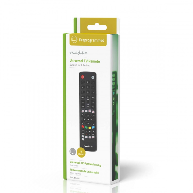 Nedis Universal fjernkontroll | Forprogrammert | 4 Enheter | Amazon Prime / Disney + Button / Google Play Knapp / Netflix Knapp / Youtube Knapp | Infrarød | Sort