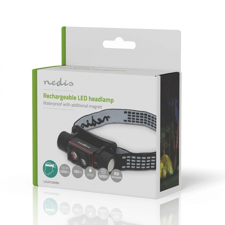 Nedis LED hovedlys | Batteri drevet / USB-Strøm | 3.7 V DC | batterier følger med | Oppladningsbar | Nominell lysfluks: 1000 lm | Lysrekkevidde: 180 m Nedis LED hovedlys | Batteri drevet / USB-Strøm | 3.7 V DC | batterier følger med | Oppladningsbar | Nominell lysfluks: 1000 lm | Lysrekkevidde: 180 m