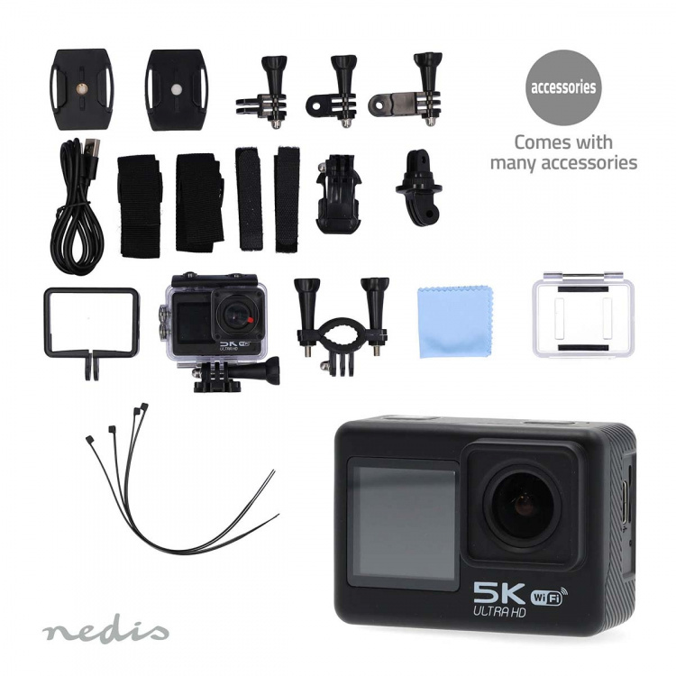 Nedis handling Cam | Dobbel Skjerm | 5K@30fps | 16 MPixel | Vanntett opptil: 30.0 m | 80 min | Wi-Fi | App tilgjengelig for: Android™ / IOS | Montering inkludert | Sort
