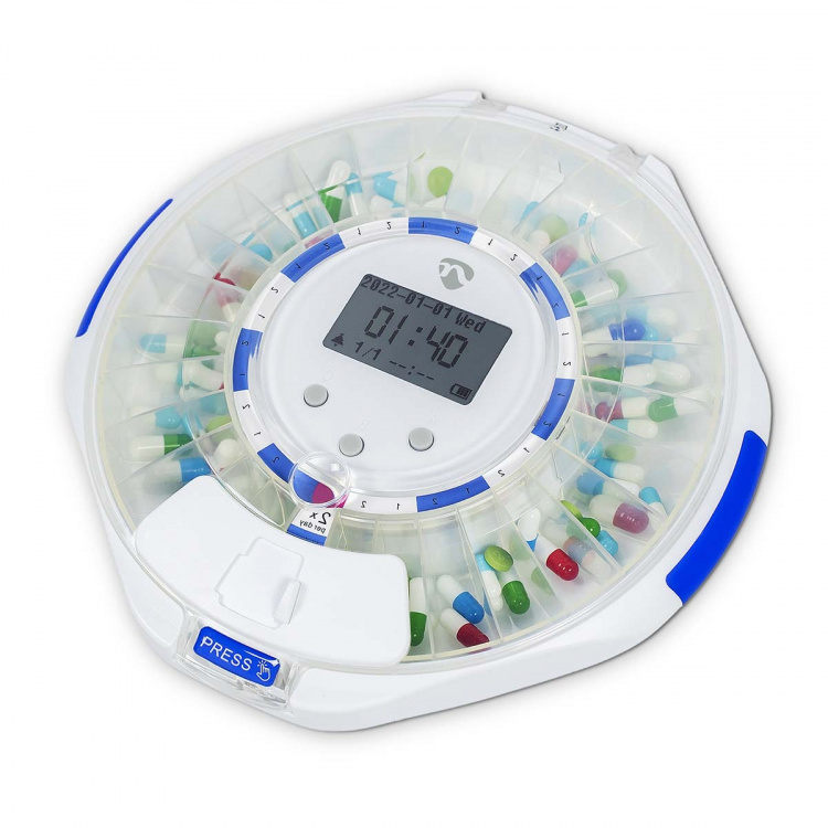 Nedis SmartLife Pilledispenser | Wi-Fi | 28 Rom | Antall alarmtider: 9 alarmtider per dag | Lys / Pip / Stemme | LCD-skjerm | Hvit Nedis SmartLife Pilledispenser | Wi-Fi | 28 Rom | Antall alarmtider: 9 alarmtider per dag | Lys / Pip / Stemme | LCD-skjerm | Hvit