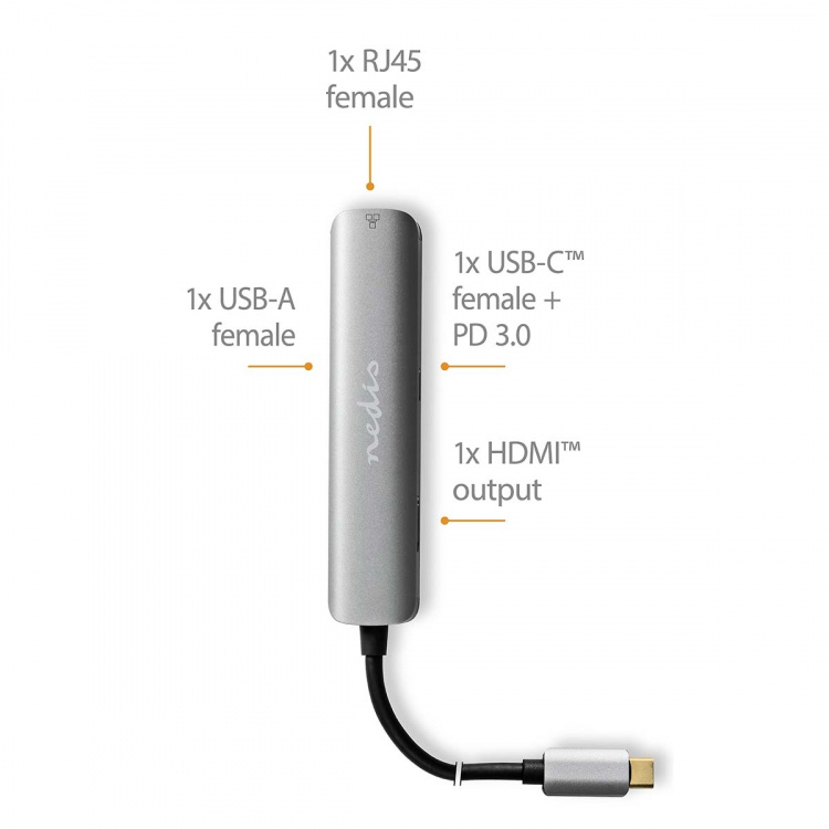 Nedis USB Multi-Port Adapter | 4-i-1 | USB 3.2 Gen 1 | USB-C™ Hann | HDMI™ Output / RJ45 Hun / USB-A Hun / USB-C™ Hunn | 5 Gbps | 0.20 m | Rund | Gull belagt | PVC | Antrasitt | Boks Nedis USB Multi-Port Adapter | 4-i-1 | USB 3.2 Gen 1 | USB-C™ Hann | HDMI™ Output / RJ45 Hun / USB-A Hun / USB-C™ Hunn | 5 Gbps | 0.20 m | Rund | Gull belagt | PVC | Antrasitt | Boks