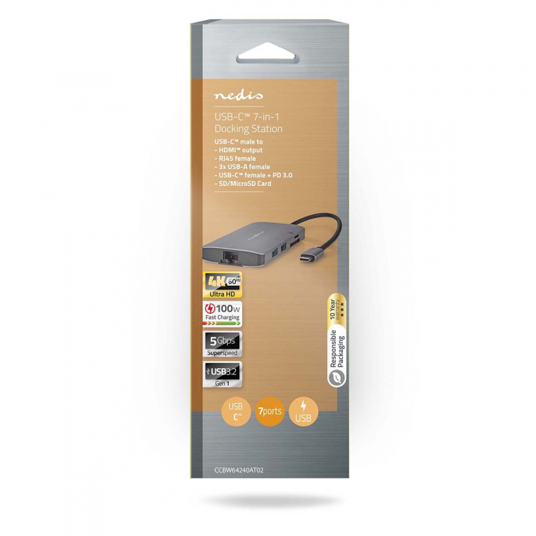 Nedis USB Multi-Port Adapter | 7-i-1 | USB 3.2 Gen 1 | USB-C™ Hann | HDMI™ Output / Micro SD / RJ45 Hun / SD / USB-C™ Hunn / 3x USB-A Hunn | 5 Gbps | 0.20 m | Rund | Gull belagt | PVC | Antrasitt | Boks