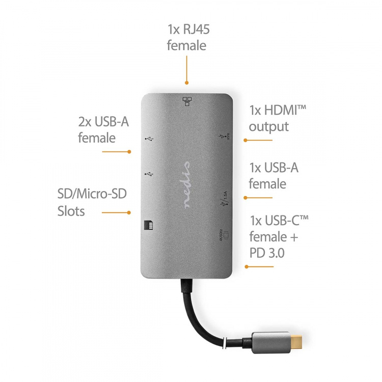 Nedis USB Multi-Port Adapter | 7-i-1 | USB 3.2 Gen 1 | USB-C™ Hann | HDMI™ Output / Micro SD / RJ45 Hun / SD / USB-C™ Hunn / 3x USB-A Hunn | 5 Gbps | 0.20 m | Rund | Gull belagt | PVC | Antrasitt | Boks
