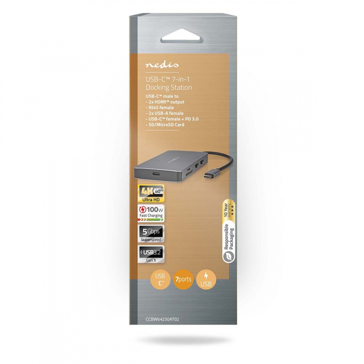 Nedis USB Multi-Port Adapter | 7-i-1 | USB 3.2 Gen 1 | USB-C™ Hann | Micro SD / RJ45 Hun / SD / USB-C™ Hunn / 2x HDMI™ / 2x USB-A Hunn | 5 Gbps | 0.20 m | Rund | Gull belagt | PVC | Antrasitt | Boks