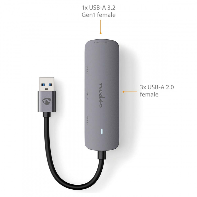Nedis USB-hub | USB-A Male | 4x USB A Female | 4-Port port(s) | USB 2.0 / USB 3.2 Gen 1 | USB-Strøm