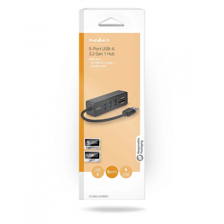 Nedis USB-hub | USB-A Male | 3x USB A Female | 5-Port port(s) | USB 3.2 Gen 1 | USB-Strøm | 5 Gbps | SD & MicroSD Nedis USB-hub | USB-A Male | 3x USB A Female | 5-Port port(s) | USB 3.2 Gen 1 | USB-Strøm | 5 Gbps | SD & MicroSD