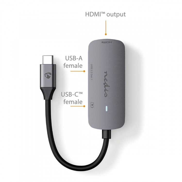 Nedis USB Multi-Port Adapter | 3-i-1 | USB 3.2 Gen 1 | USB-C™ Hann | HDMI™ Output / USB-A Hun / USB-C™ Hunn | 5 Gbps | 0.10 m | Rund | Nikkel belagt | PVC | Grå | Boks