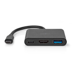 Nedis USB Multi-Port Adapter | 3-i-1 | USB 3.2 Gen 1 | USB-C™ Hann | HDMI™ Output / USB-A Hun / USB-C™ Hunn | 5 Gbps | 0.10 m | Rund | Nikkel belagt | PVC | Sort | Boks