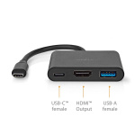 Nedis USB Multi-Port Adapter | 3-i-1 | USB 3.2 Gen 1 | USB-C™ Hann | HDMI™ Output / USB-A Hun / USB-C™ Hunn | 5 Gbps | 0.10 m | Rund | Nikkel belagt | PVC | Sort | Boks