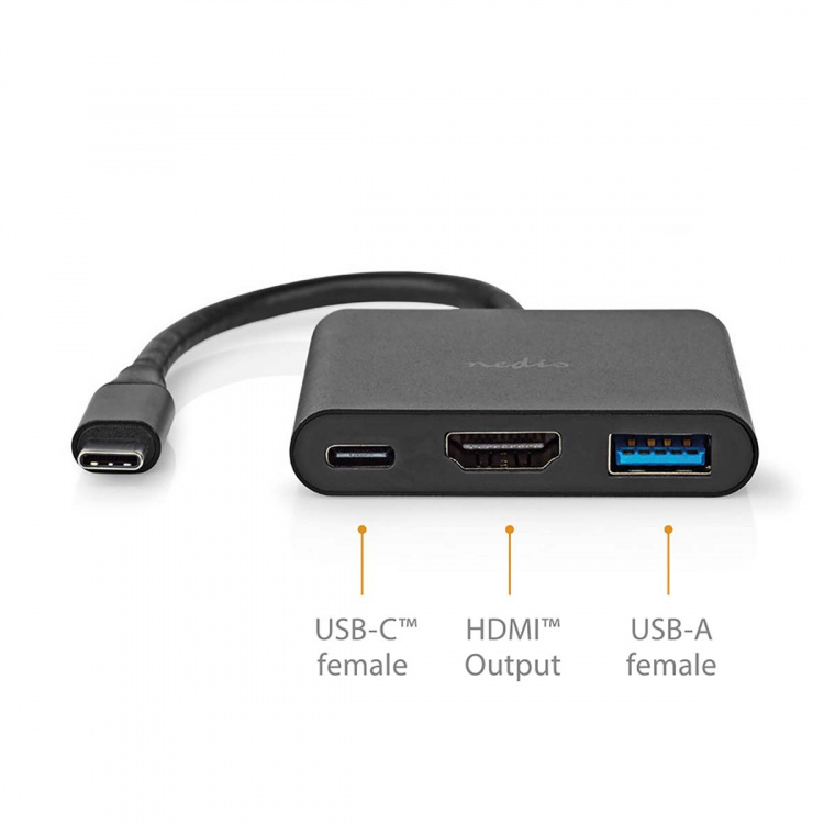 Nedis USB Multi-Port Adapter | 3-i-1 | USB 3.2 Gen 1 | USB-C™ Hann | HDMI™ Output / USB-A Hun / USB-C™ Hunn | 5 Gbps | 0.10 m | Rund | Nikkel belagt | PVC | Sort | Boks