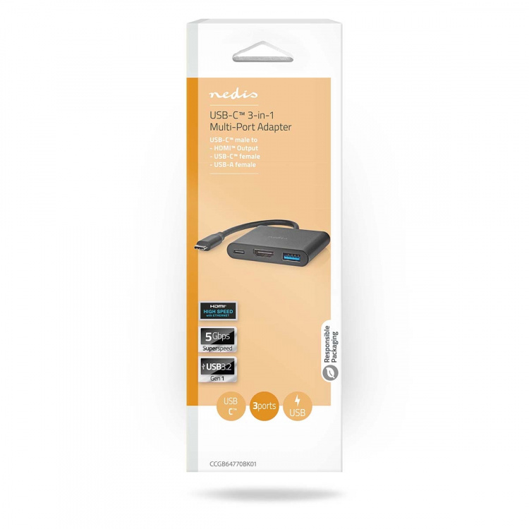 Nedis USB Multi-Port Adapter | 3-i-1 | USB 3.2 Gen 1 | USB-C™ Hann | HDMI™ Output / USB-A Hun / USB-C™ Hunn | 5 Gbps | 0.10 m | Rund | Nikkel belagt | PVC | Sort | Boks