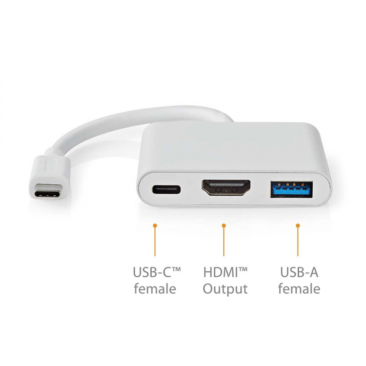 Nedis USB Multi-Port Adapter | 3-i-1 | USB 3.2 Gen 1 | USB-C™ Hann | HDMI™ Output / USB-A Hun / USB-C™ Hunn | 5 Gbps | 0.10 m | Rund | Nikkel belagt | PVC | Hvit | Boks