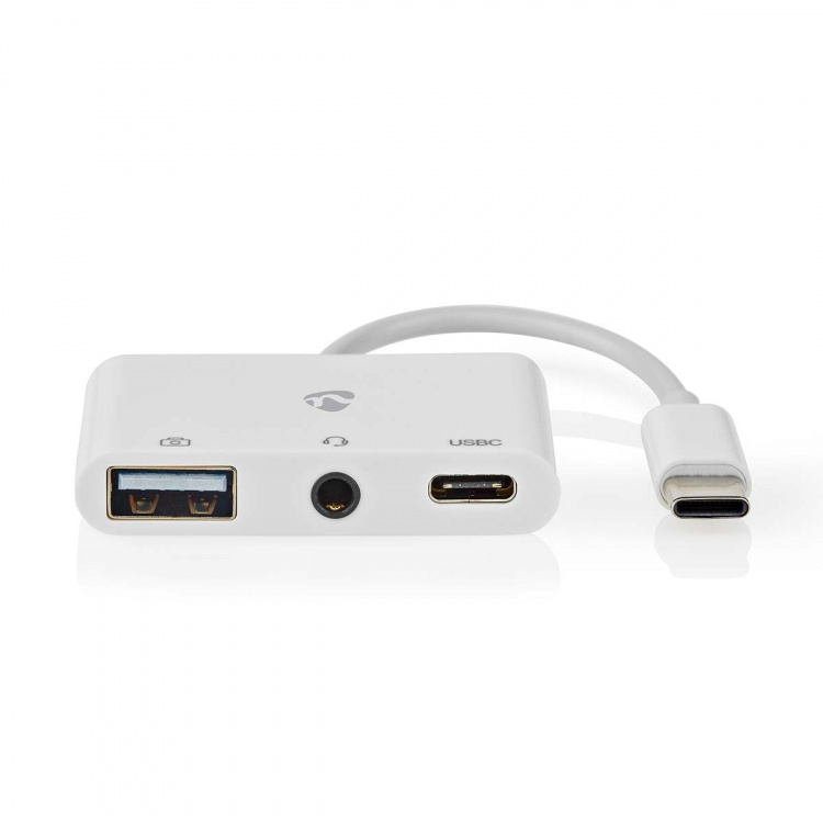 Nedis USB Multi-Port Adapter | 3-i-1 | USB 2.0 | USB-C™ Hann | USB-A Hun / USB-C™ Hunn / 3.5 mm Hun | 480 Mbps | 0.10 m | Rund | Nikkel belagt | PVC | Hvit | Boks