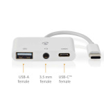 Nedis USB Multi-Port Adapter | 3-i-1 | USB 2.0 | USB-C™ Hann | USB-A Hun / USB-C™ Hunn / 3.5 mm Hun | 480 Mbps | 0.10 m | Rund | Nikkel belagt | PVC | Hvit | Boks
