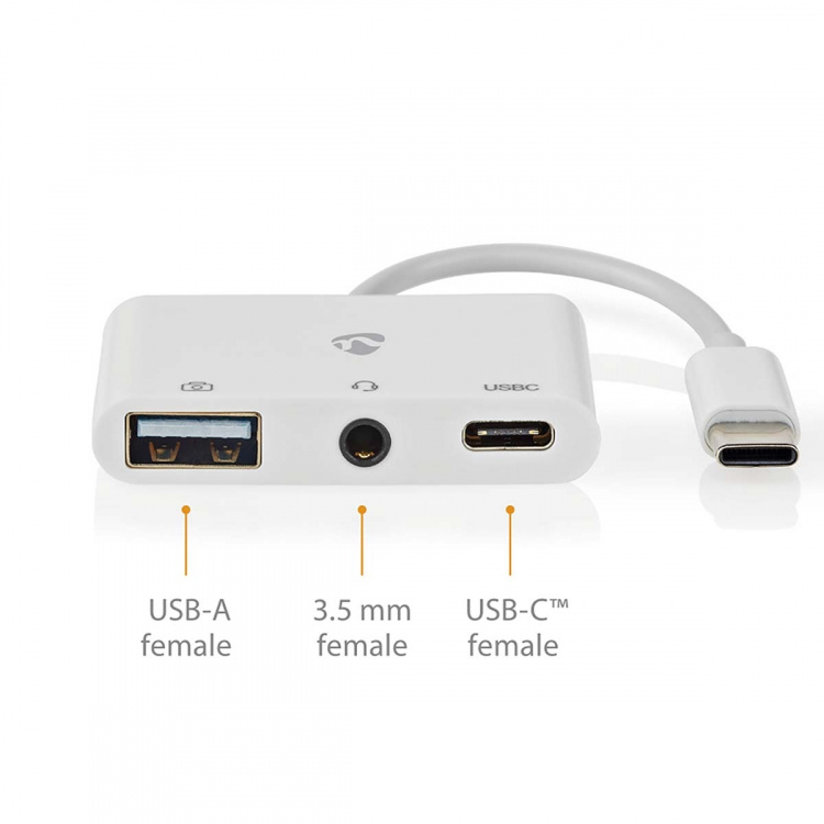 Nedis USB Multi-Port Adapter | 3-i-1 | USB 2.0 | USB-C™ Hann | USB-A Hun / USB-C™ Hunn / 3.5 mm Hun | 480 Mbps | 0.10 m | Rund | Nikkel belagt | PVC | Hvit | Boks