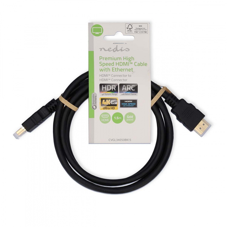 Nedis Premium High Speed ​​HDMI ™ kabel med Ethernet | HDMI ™ -kontakt | HDMI ™ -kontakt | 4K@60Hz | 18 Gbps | 1.50 m | Rund | PVC | Sort | Label