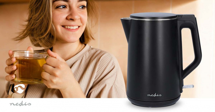 Nedis Vannkoker | 1.5 l | Plast | Sort | Roterbar 360 grader | Skjult varmeelement | Strix® kontroll | Koketørr beskyttelse