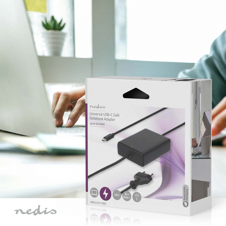 Nedis Notebook Adapter | GaN | 45 W | 5 / 9 / 12 / 15 / 20 V DC | 2.25 / 2.33 / 2.92 / 3.0 A | Brukes til: Notisbok / Smarttelefon / Tablett | Euro / Type-C (CEE 7/16)
