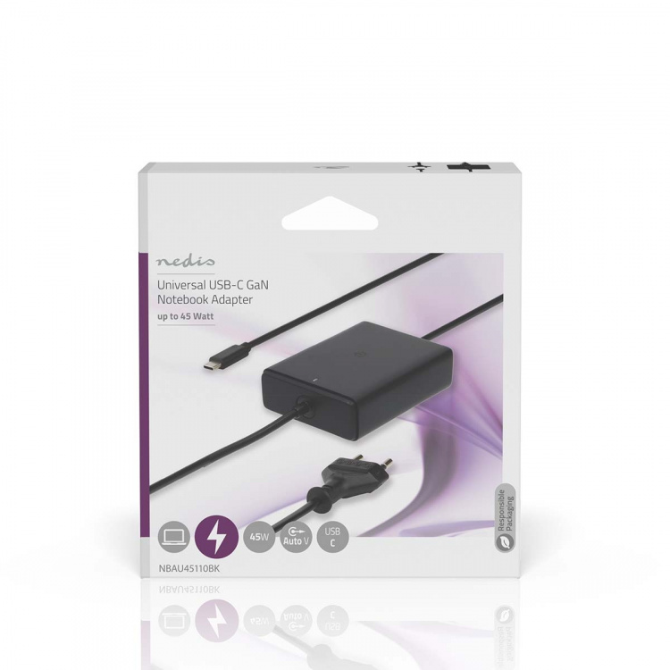 Nedis Notebook Adapter | GaN | 45 W | 5 / 9 / 12 / 15 / 20 V DC | 2.25 / 2.33 / 2.92 / 3.0 A | Brukes til: Notisbok / Smarttelefon / Tablett | Euro / Type-C (CEE 7/16)