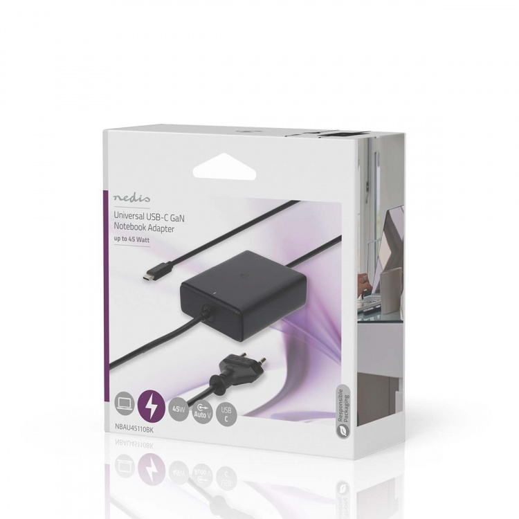Nedis Notebook Adapter | GaN | 45 W | 5 / 9 / 12 / 15 / 20 V DC | 2.25 / 2.33 / 2.92 / 3.0 A | Brukes til: Notisbok / Smarttelefon / Tablett | Euro / Type-C (CEE 7/16)