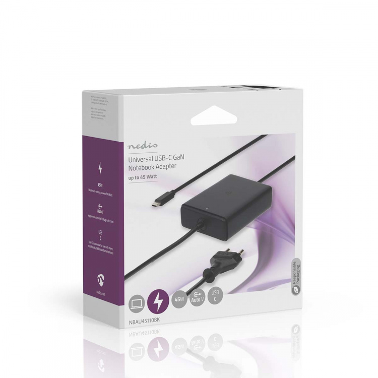Nedis Notebook Adapter | GaN | 45 W | 5 / 9 / 12 / 15 / 20 V DC | 2.25 / 2.33 / 2.92 / 3.0 A | Brukes til: Notisbok / Smarttelefon / Tablett | Euro / Type-C (CEE 7/16)