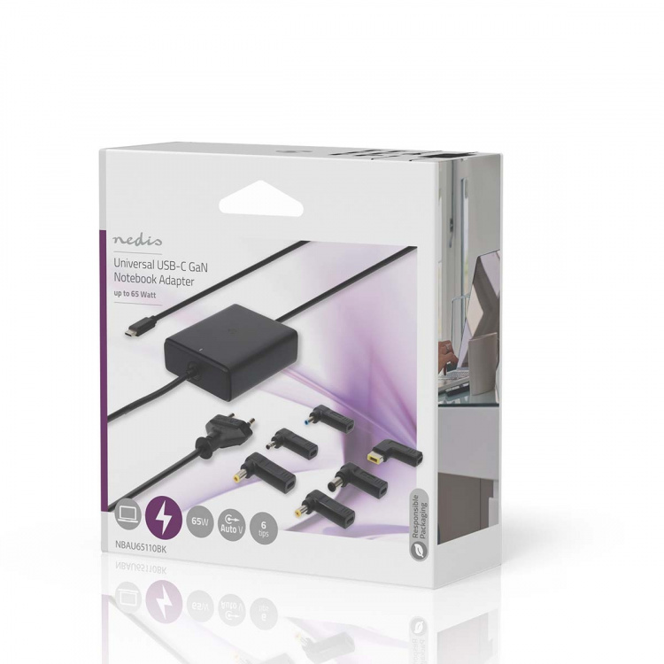 Nedis Notebook Adapter | GaN | 65 W | 5 / 9 / 12 / 15 / 20 V DC | 2.4 / 3.0 / 3.25 A | Brukes til: Notisbok / Smarttelefon / Tablett | Euro / Type-C (CEE 7/16) Nedis Notebook Adapter | GaN | 65 W | 5 / 9 / 12 / 15 / 20 V DC | 2.4 / 3.0 / 3.25 A | Brukes til: Notisbok / Smarttelefon / Tablett | Euro / Type-C (CEE 7/16)