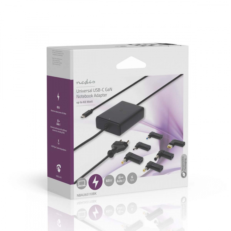 Nedis Notebook Adapter | GaN | 65 W | 5 / 9 / 12 / 15 / 20 V DC | 2.4 / 3.0 / 3.25 A | Brukes til: Notisbok / Smarttelefon / Tablett | Euro / Type-C (CEE 7/16) Nedis Notebook Adapter | GaN | 65 W | 5 / 9 / 12 / 15 / 20 V DC | 2.4 / 3.0 / 3.25 A | Brukes til: Notisbok / Smarttelefon / Tablett | Euro / Type-C (CEE 7/16)