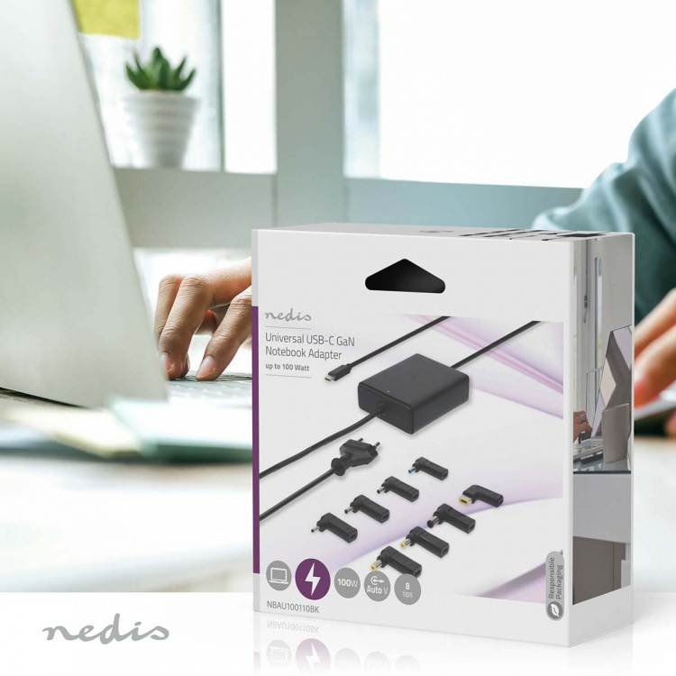 Nedis Notebook Adapter | GaN | 100 W | 5 / 9 / 12 / 15 / 20 V DC | 3.0 / 5.0 A | Brukes til: Notisbok / Smarttelefon / Tablett | Euro / Type-C (CEE 7/16) Nedis Notebook Adapter | GaN | 100 W | 5 / 9 / 12 / 15 / 20 V DC | 3.0 / 5.0 A | Brukes til: Notisbok / Smarttelefon / Tablett | Euro / Type-C (CEE 7/16)