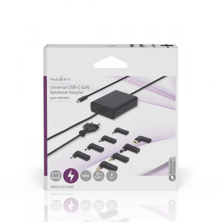 Nedis Notebook Adapter | GaN | 100 W | 5 / 9 / 12 / 15 / 20 V DC | 3.0 / 5.0 A | Brukes til: Notisbok / Smarttelefon / Tablett | Euro / Type-C (CEE 7/16) Nedis Notebook Adapter | GaN | 100 W | 5 / 9 / 12 / 15 / 20 V DC | 3.0 / 5.0 A | Brukes til: Notisbok / Smarttelefon / Tablett | Euro / Type-C (CEE 7/16)