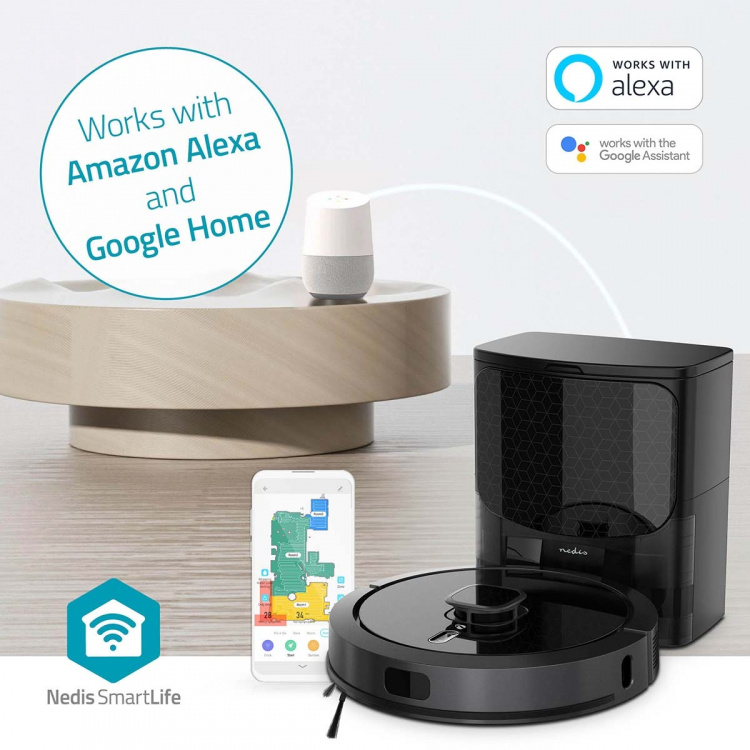 Nedis SmartLife Robot Støvsuger | Lasernavigasjon | Wi-Fi | Kapasitet Collection Reservoir: 0.6 l | Automatsik lading | Maksimal driftstid: 3 timer | Sort | Android™ / IOS Nedis SmartLife Robot Støvsuger | Lasernavigasjon | Wi-Fi | Kapasitet Collection Reservoir: 0.6 l | Automatsik lading | Maksimal driftstid: 3 timer | Sort | Android™ / IOS