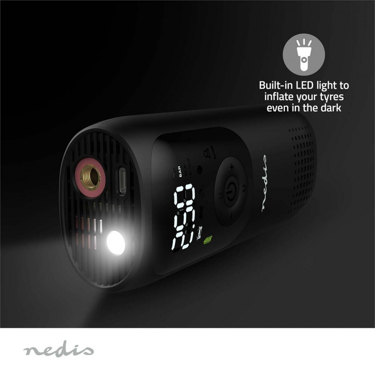 Nedis Oppladbar luftkompressor | 0.1 - 10.3 Bar | Dunlop Ventil | Driftsmodi: Bil / Motorsykkel / Sykkel / Ball | Ja | Lufttrykkmåler