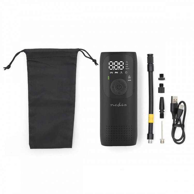 Nedis Oppladbar luftkompressor | 0.1 - 10.3 Bar | Dunlop Ventil | Driftsmodi: Bil / Motorsykkel / Sykkel / Ball | Ja | Lufttrykkmåler