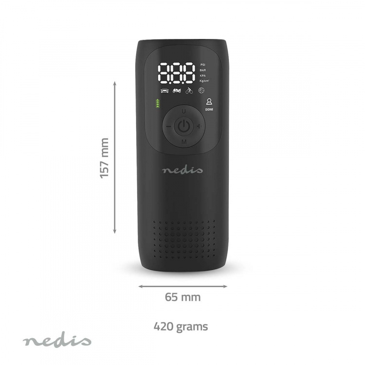 Nedis Oppladbar luftkompressor | 0.1 - 10.3 Bar | Dunlop Ventil | Driftsmodi: Bil / Motorsykkel / Sykkel / Ball | Ja | Lufttrykkmåler