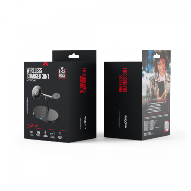 Maxlife MXWC-03 - 3-i-1 trådløs ladestasjon, 15 W, svart