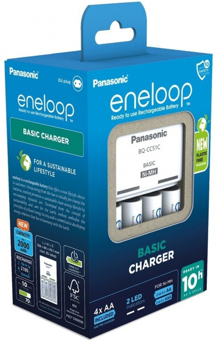 Panasonic Eneloop BQ-CC51 lader + 4 x 2000 mAh AA-batterier