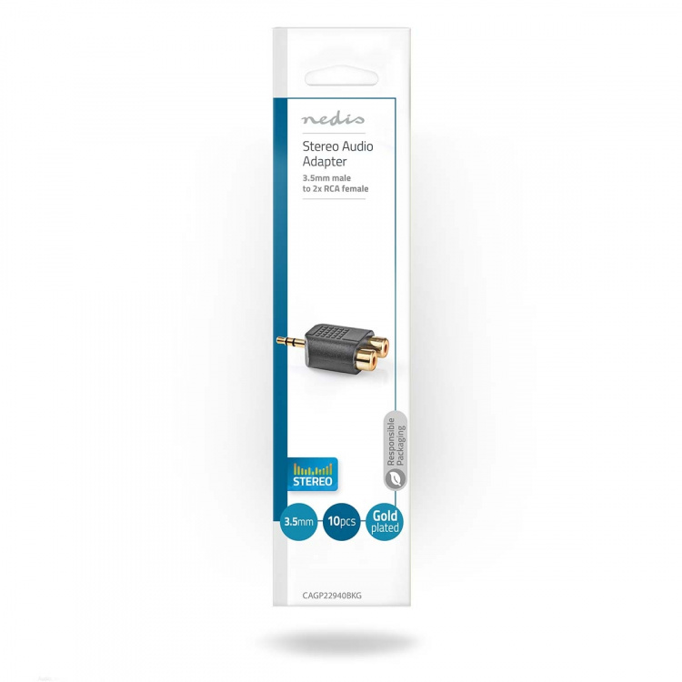 Nedis Stereo Audio Adapter | 3.5 mm Han | 2x RCA Hun | Gull belagt | Rett | ABS | Sort | 10 stk. | Konvolutt