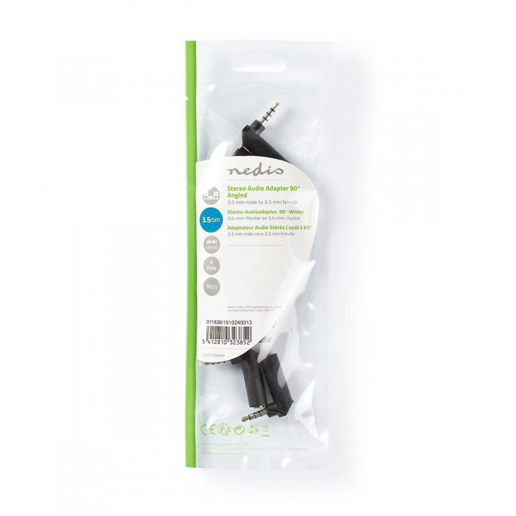 Nedis Stereo Audio Adapter | 3.5 mm Han | 3.5 mm Hun | Nikkel belagt | Vinklet 90° | Metall | Sort | 10 stk. | Plastpose