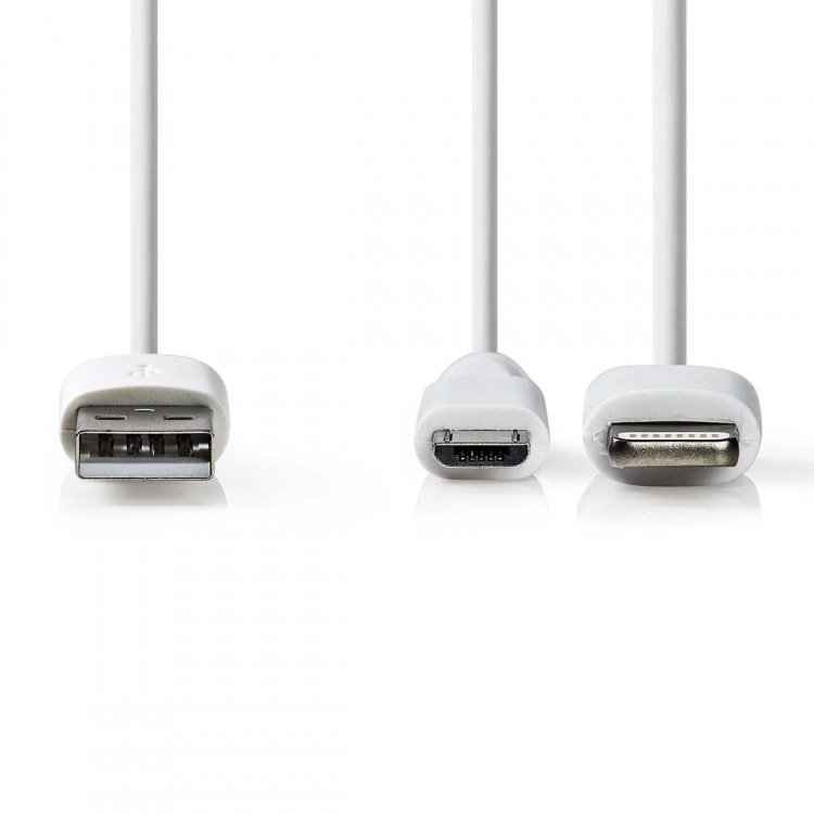 Nedis 2 i en kabel | USB 2.0 | USB-A Han | Apple Lightning 8-Pinners / USB Micro-B Han | 480 Mbps | 1.00 m | Nikkel belagt | Rund | PVC | Hvit | Plastpose