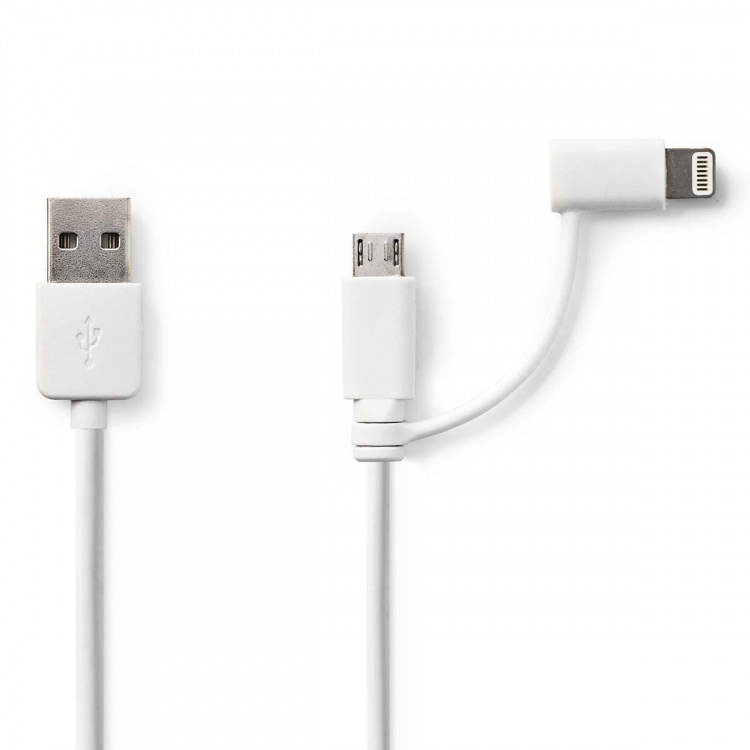 Nedis 2 i en kabel | USB 2.0 | USB-A Han | Apple Lightning 8-Pinners / USB Micro-B Han | 480 Mbps | 1.00 m | Nikkel belagt | Rund | PVC | Hvit | Plastpose