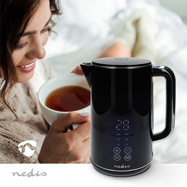 Nedis Vannkoker | 1.7 l | Plast | Sort | 50,60,70,80,90,100 °C | Temperaturindikator | Roterbar 360 grader | Skjult varmeelement | Strix® kontroll | Koketørr beskyttelse