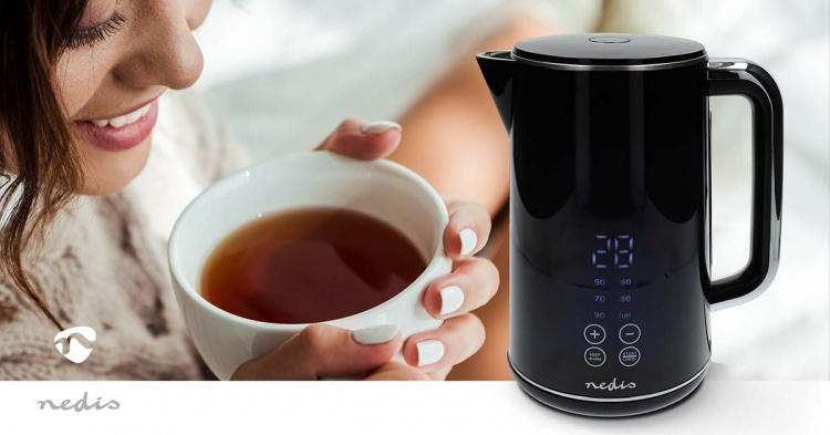Nedis Vannkoker | 1.7 l | Plast | Sort | 50,60,70,80,90,100 °C | Temperaturindikator | Roterbar 360 grader | Skjult varmeelement | Strix® kontroll | Koketørr beskyttelse Nedis Vannkoker | 1.7 l | Plast | Sort | 50,60,70,80,90,100 °C | Temperaturindikator | Roterbar 360 grader | Skjult varmeelement | Strix® kontroll | Koketørr beskyttelse