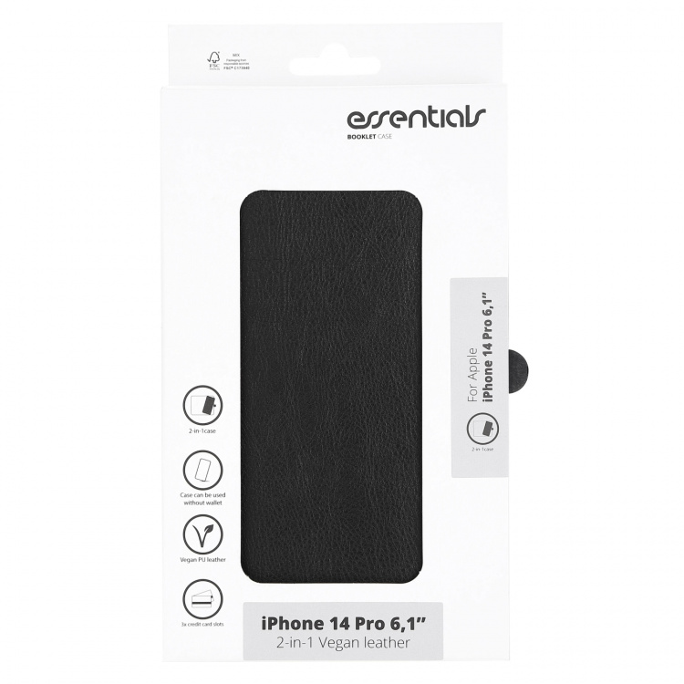 Essentials iPhone 14 Pro PU-lommebok, avtakbar, 3 kort, svart Essentials iPhone 14 Pro PU-lommebok, avtakbar, 3 kort, svart