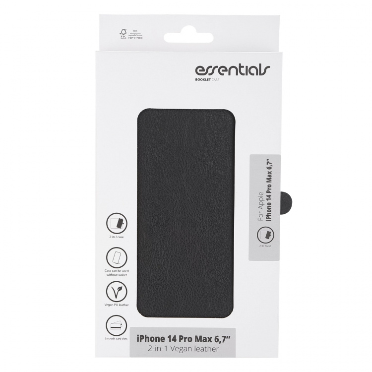 Essentials iPhone 14 Pro Max PU-vegg, avtakbar, 3 kort, svart